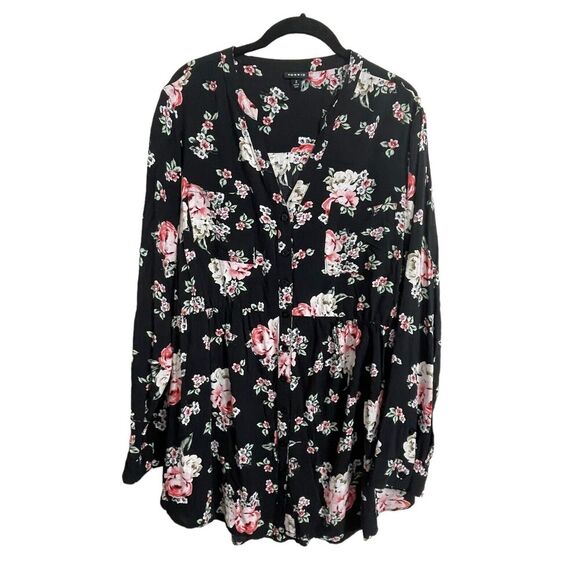 Torrid Black Floral High Low Babydoll Size 2 Button Up Long Sleeve Top - Picture 1 of 6